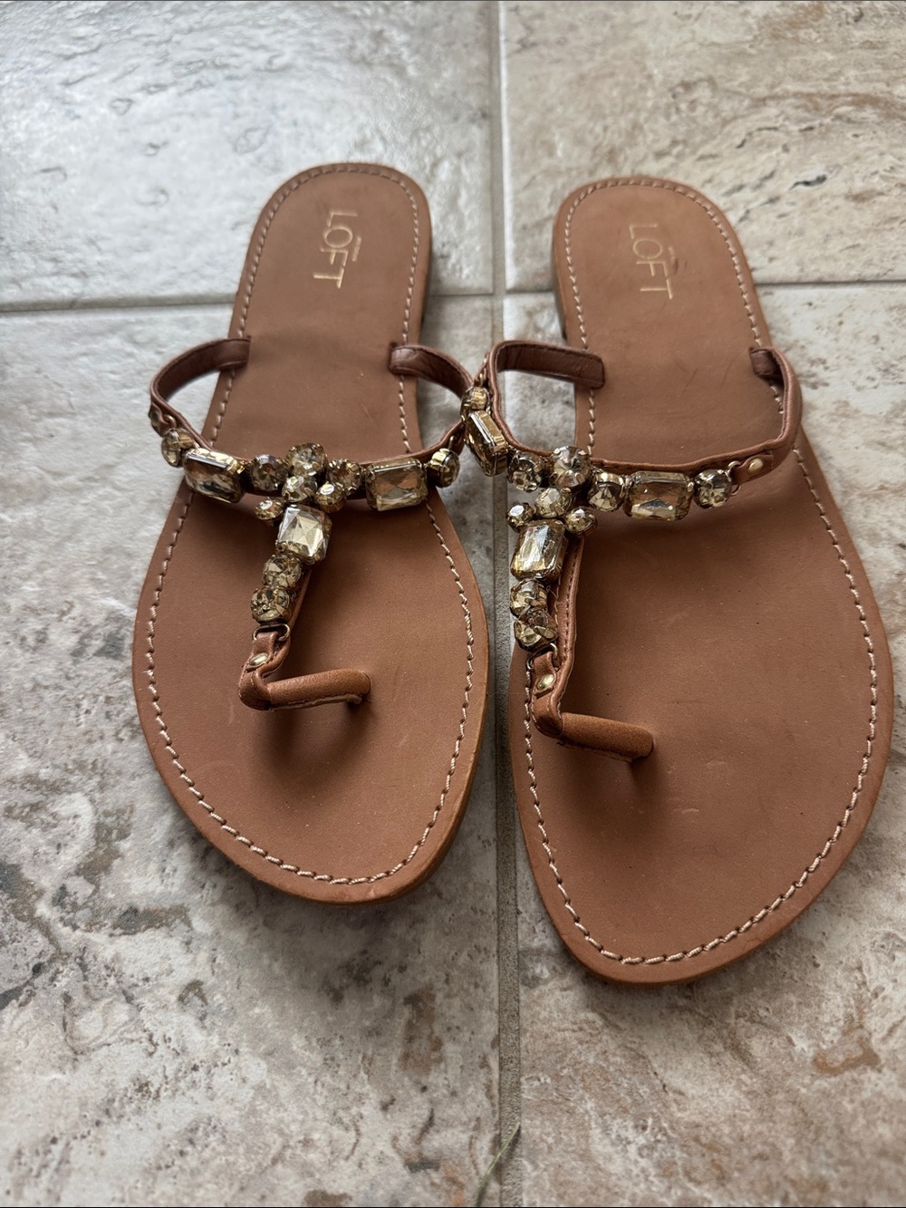 LOFT Tan Crystal-Embellished Sandals